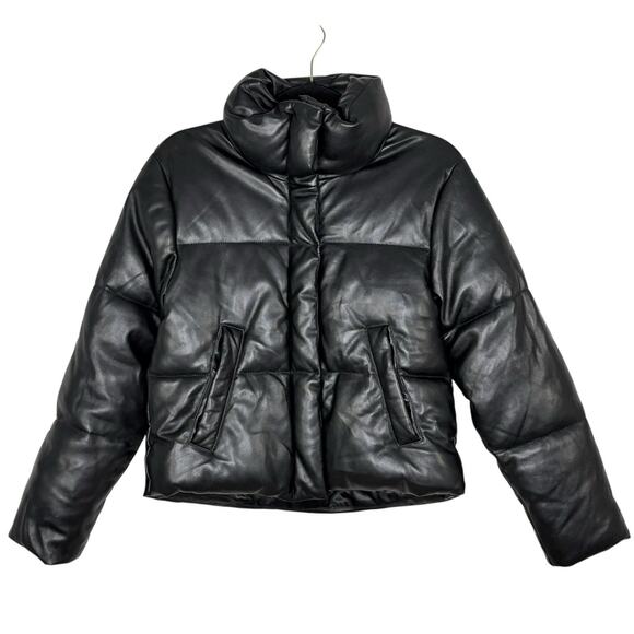 Abercrombie & Fitch Mini Puffer Jacket Vegan Faux Leather Black Womens Size XS - Picture 1 of 5
